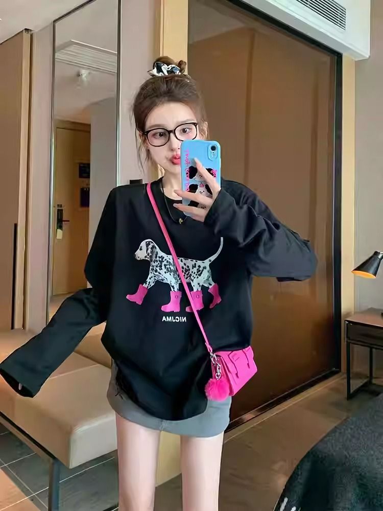 Loose long sleeve tops pure cotton T-shirt for women