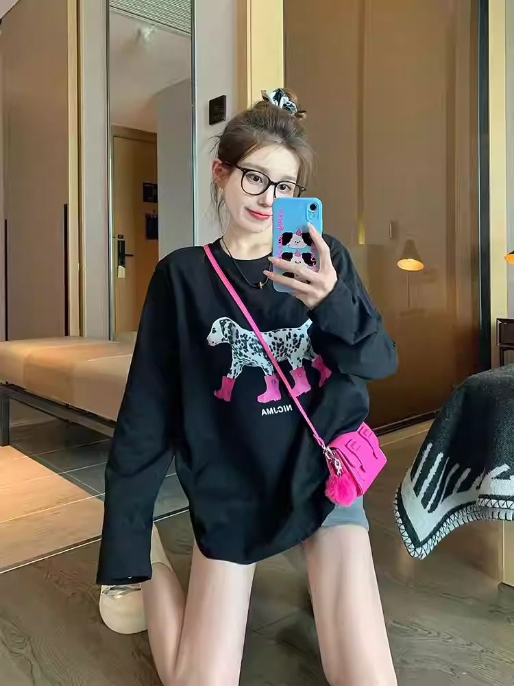 Loose long sleeve tops pure cotton T-shirt for women