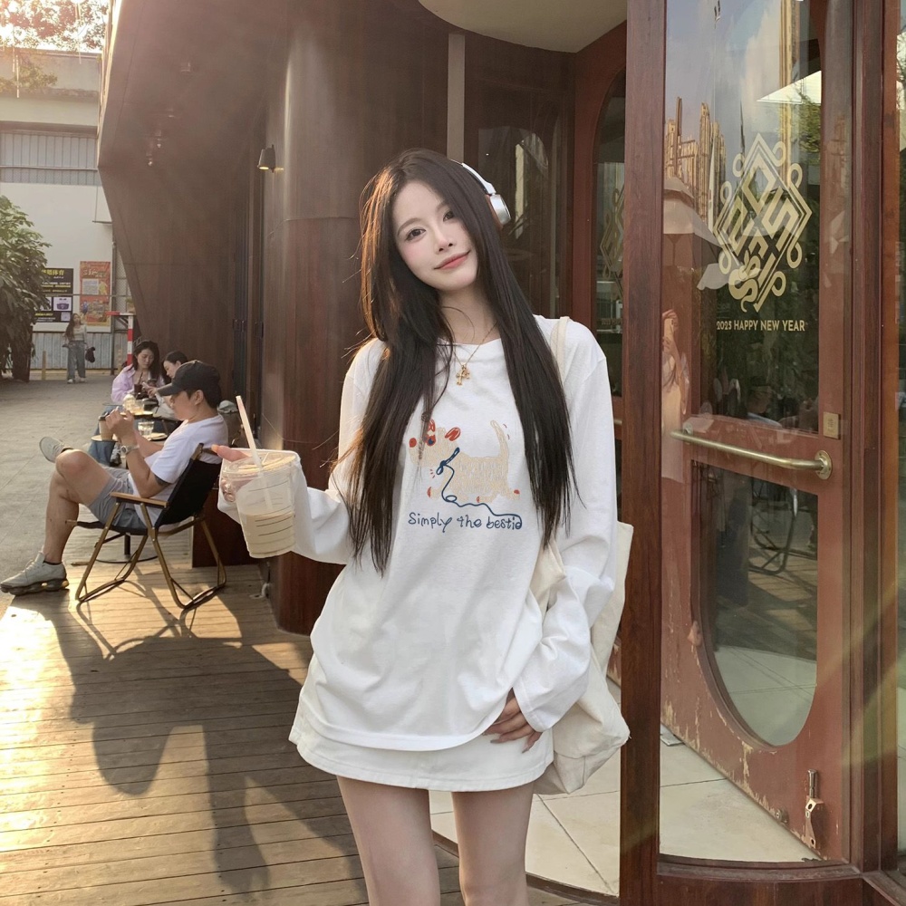 Long sleeve loose tops pure cotton cotton T-shirt for women