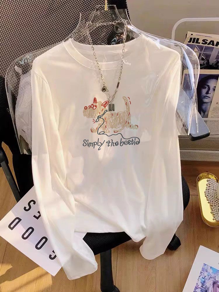 Long sleeve loose tops pure cotton cotton T-shirt for women