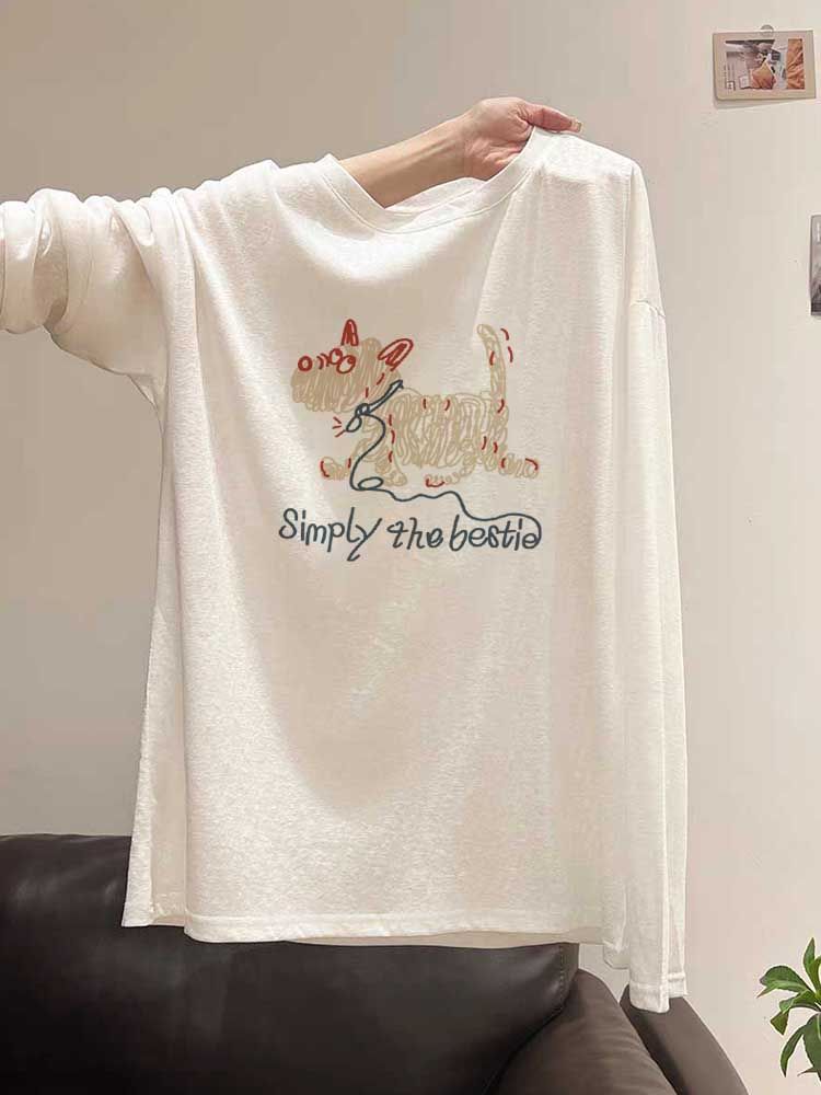 Long sleeve loose tops pure cotton cotton T-shirt for women