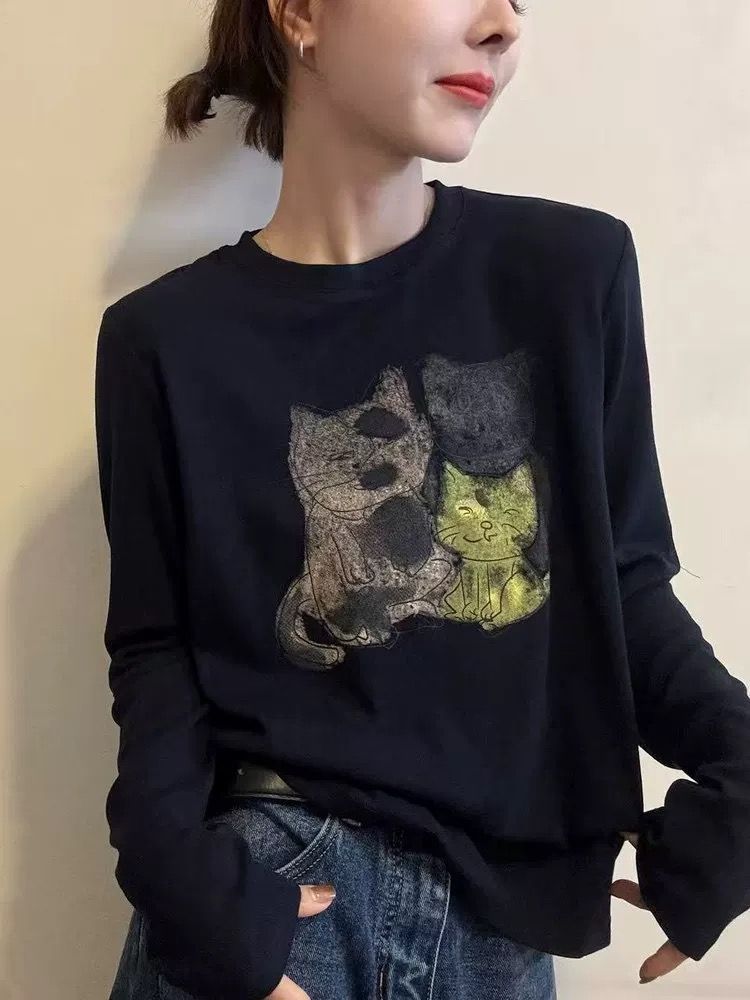 Cotton pure cotton T-shirt printing loose tops for women