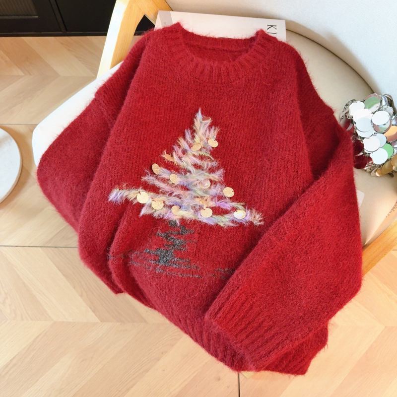 Long sleeve round neck thermal loose sequins winter sweater