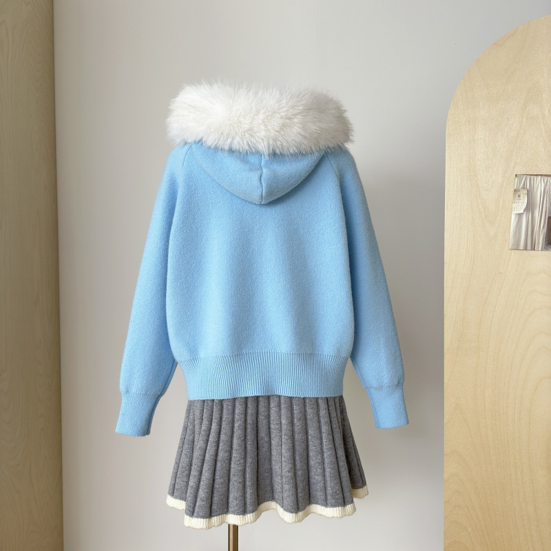 Fur collar tops long sleeve sweater for women