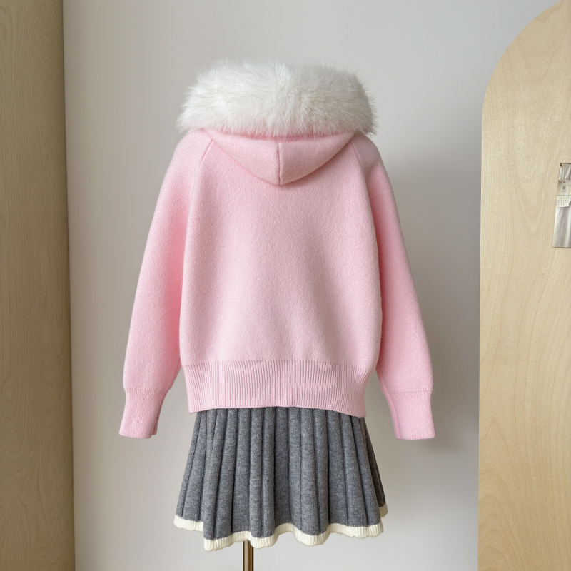 Fur collar tops long sleeve sweater for women