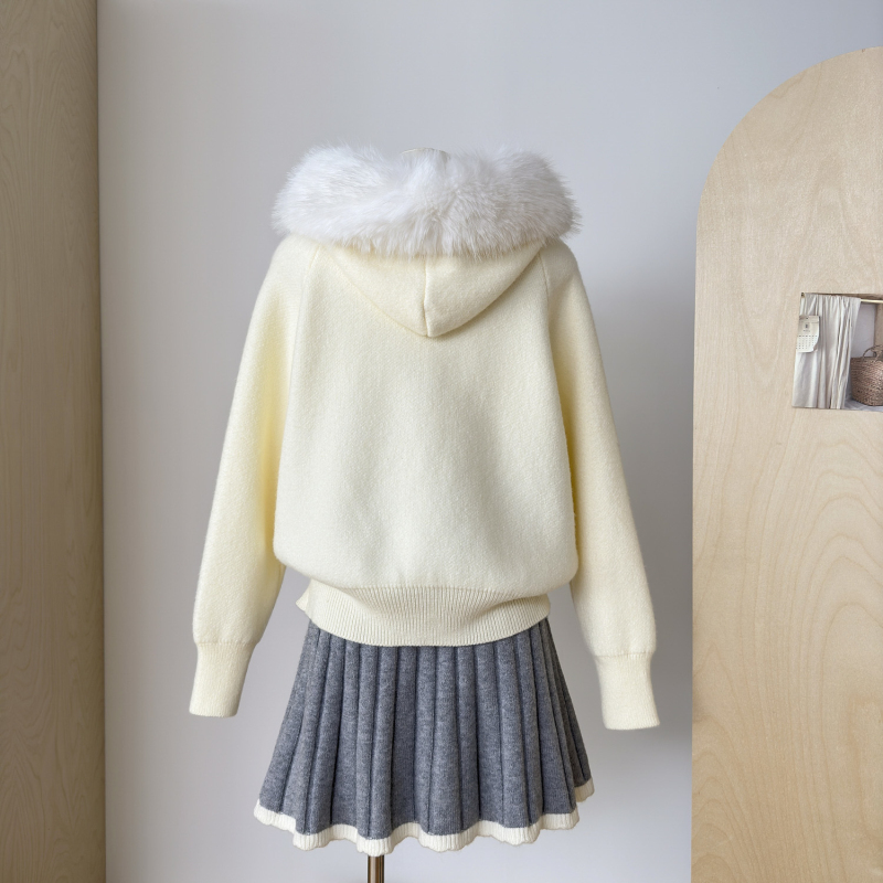 Fur collar tops long sleeve sweater for women