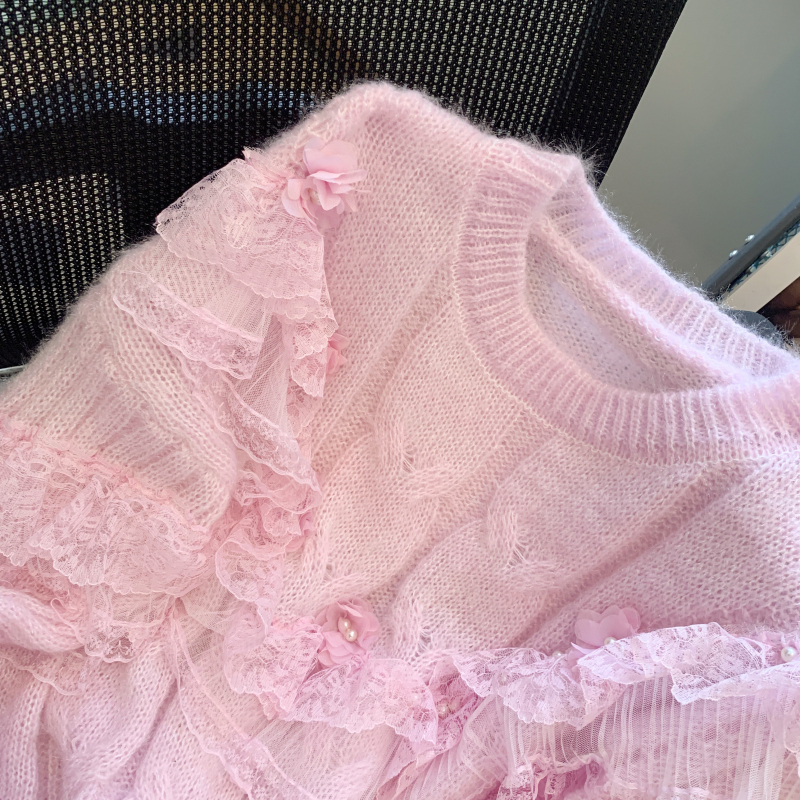 Loose lotus leaf edges beading sweater for women