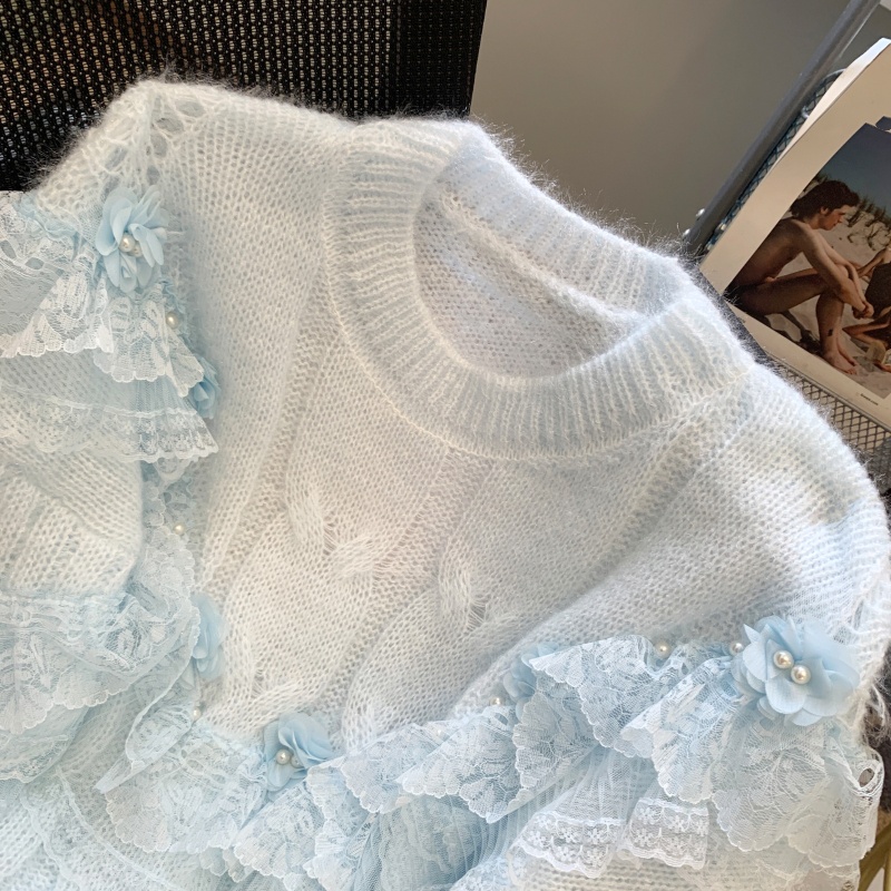 Loose lotus leaf edges beading sweater for women