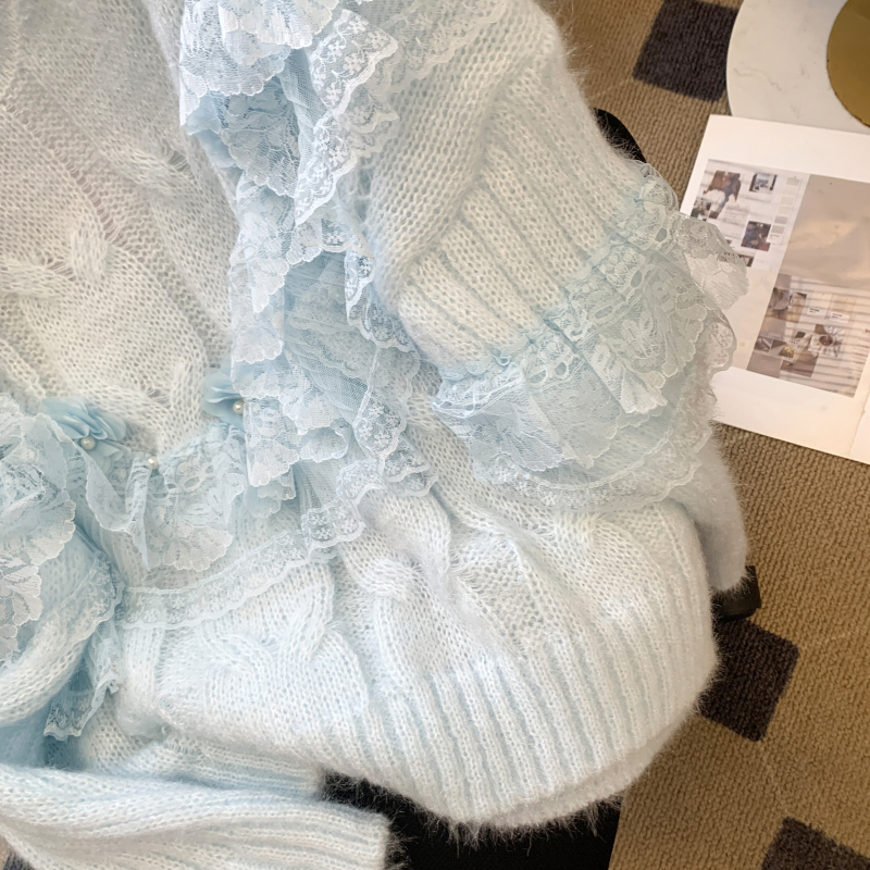 Loose lotus leaf edges beading sweater for women