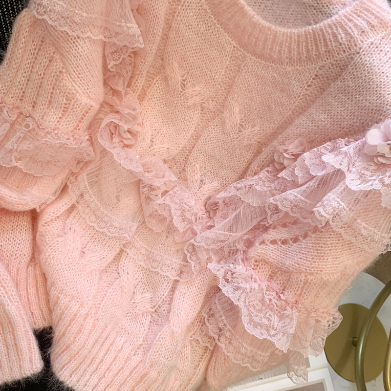 Loose lotus leaf edges beading sweater for women