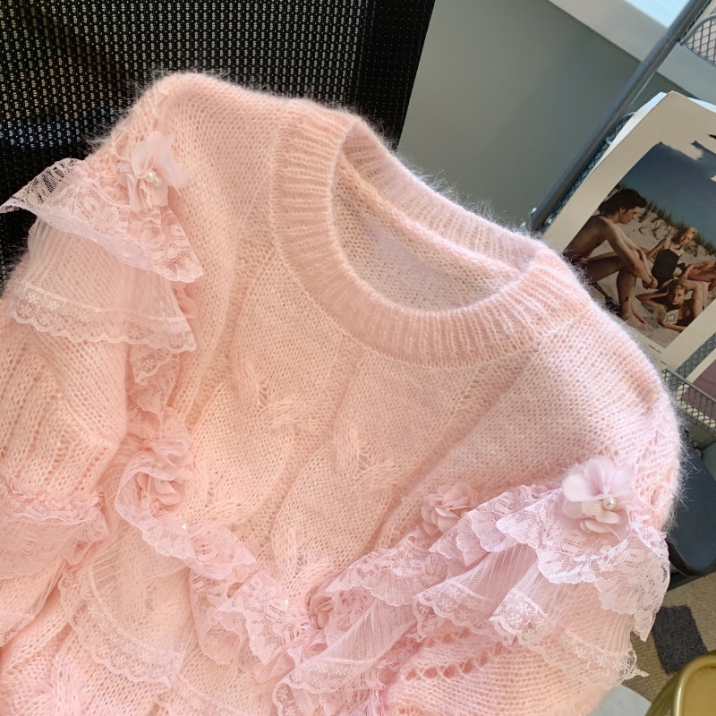 Loose lotus leaf edges beading sweater for women