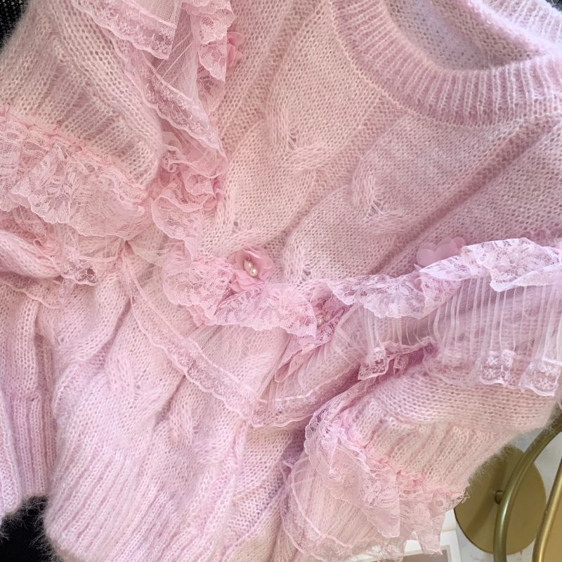 Loose lotus leaf edges beading sweater for women