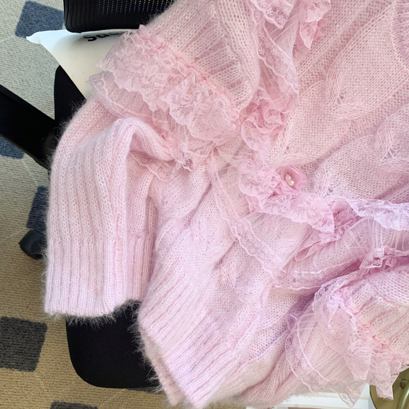 Loose lotus leaf edges beading sweater for women