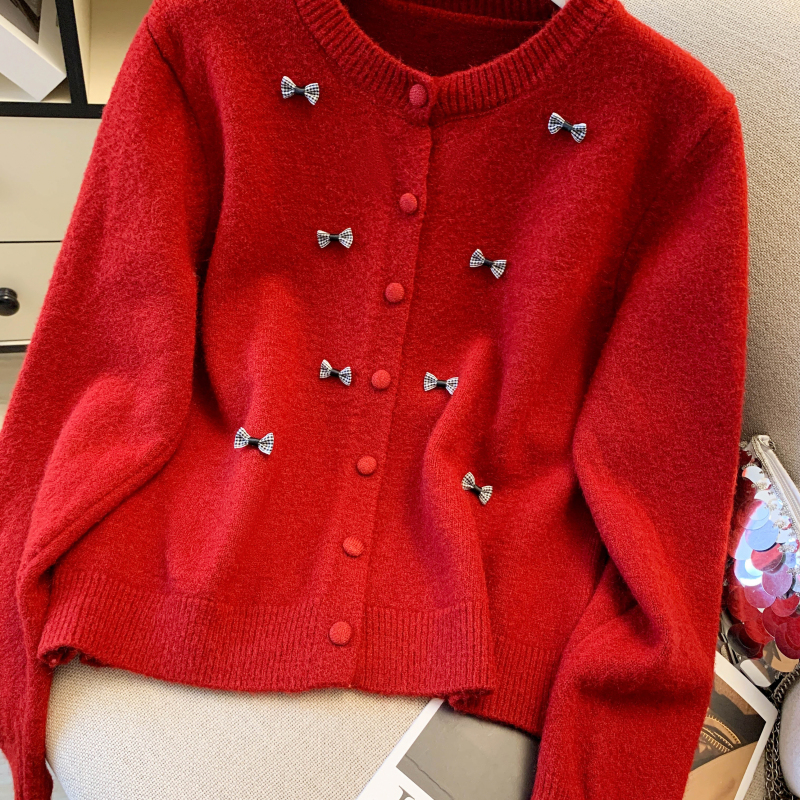 Sweet spring bow coat tender unique knitted sweater