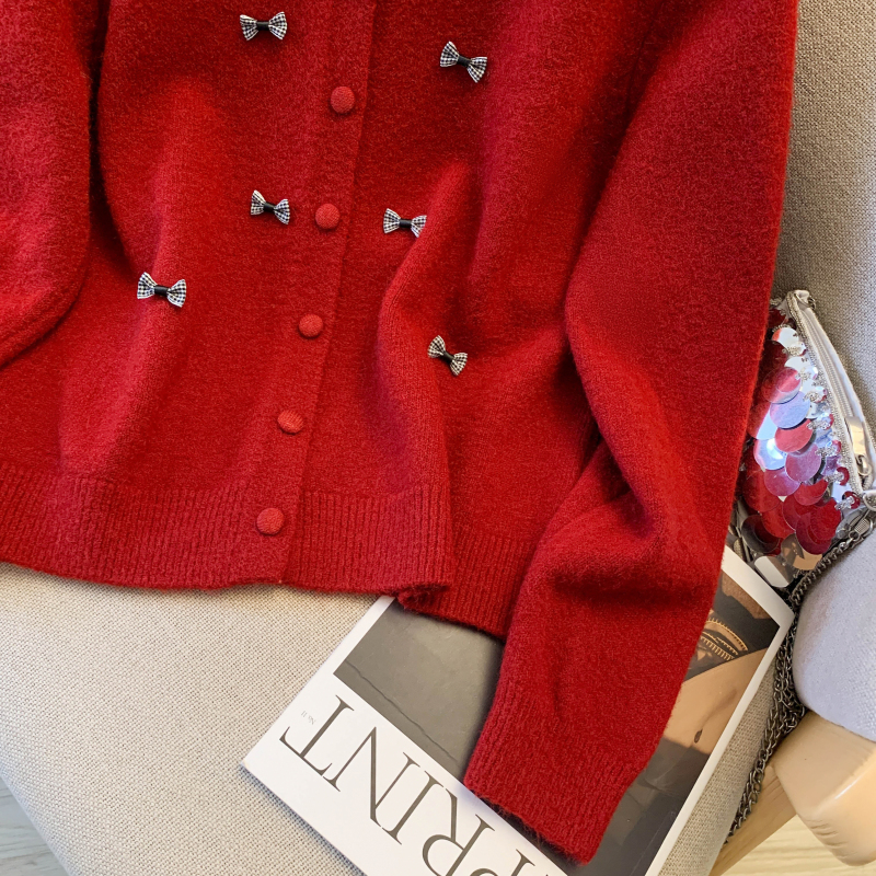 Sweet spring bow coat tender unique knitted sweater