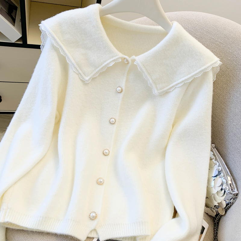 Tender splice doll collar spring knitted sweet cardigan