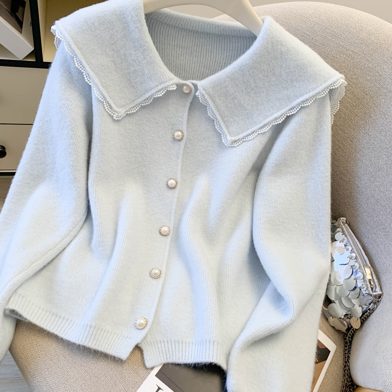 Tender splice doll collar spring knitted sweet cardigan
