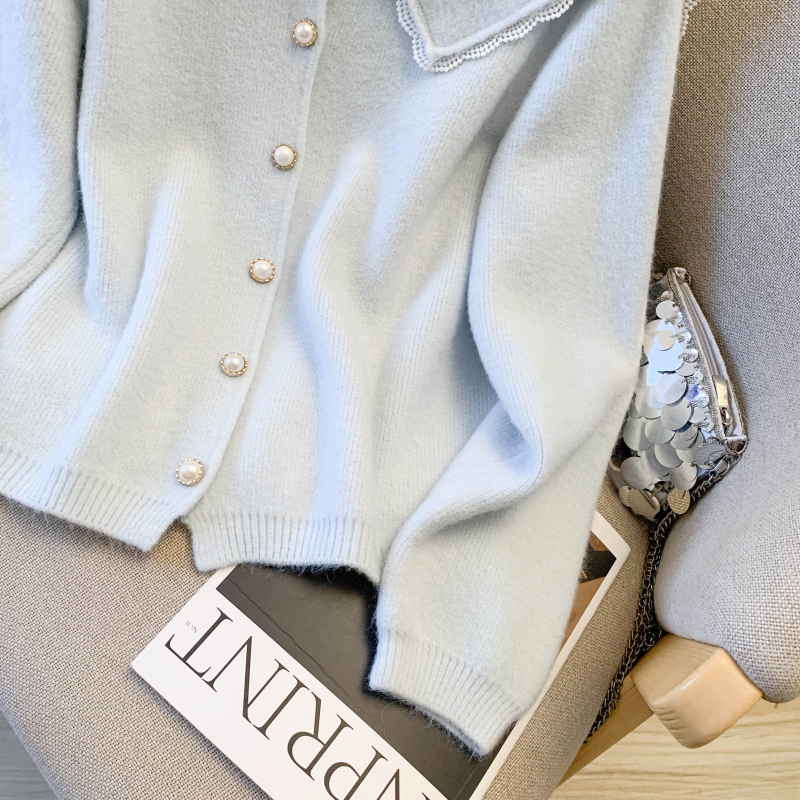 Tender splice doll collar spring knitted sweet cardigan