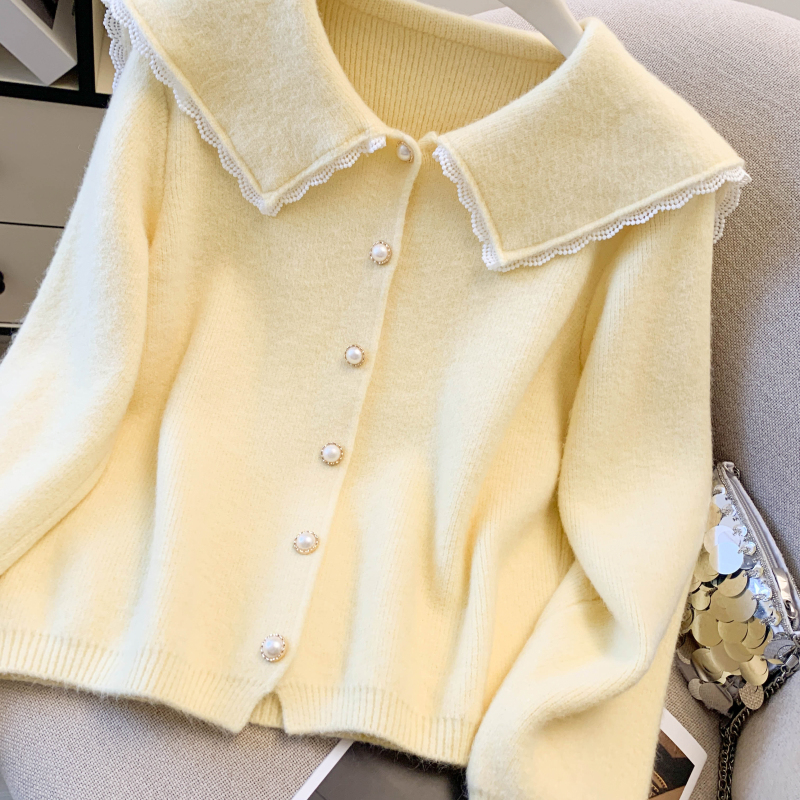 Tender splice doll collar spring knitted sweet cardigan