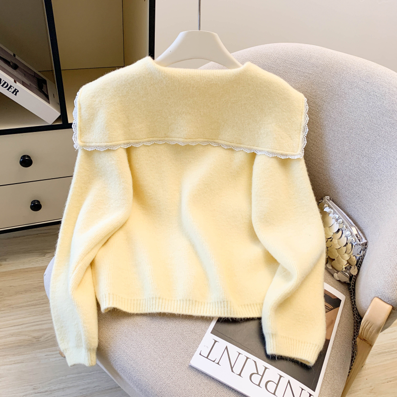 Tender splice doll collar spring knitted sweet cardigan