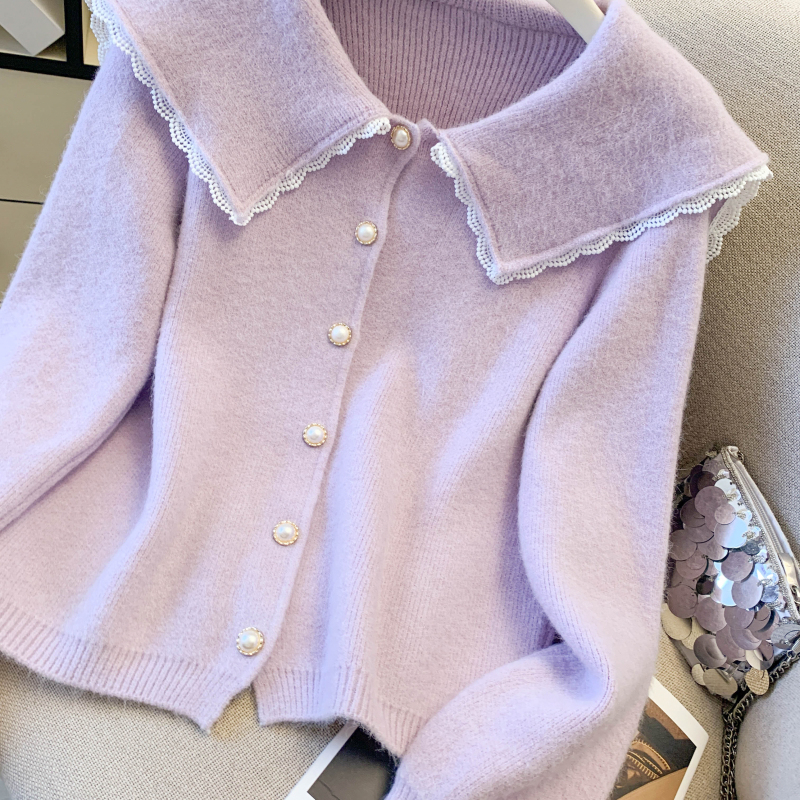 Tender splice doll collar spring knitted sweet cardigan