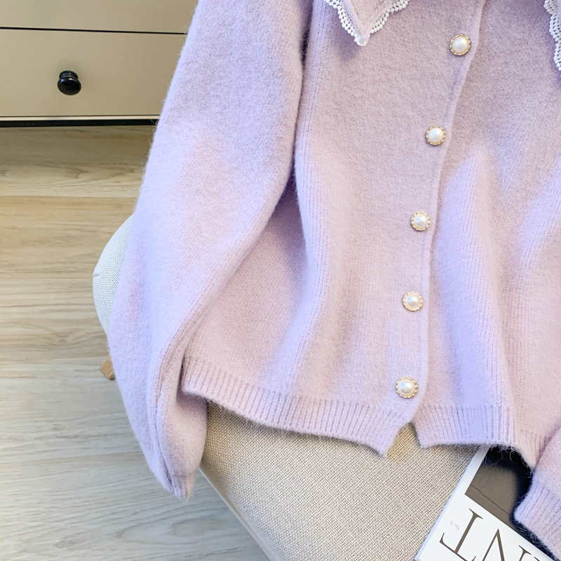 Tender splice doll collar spring knitted sweet cardigan