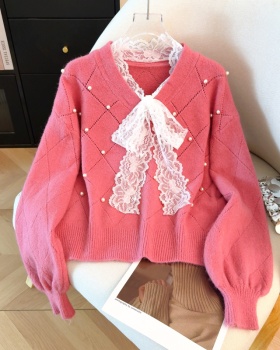 Lace bow show young tops long sleeve red sweater