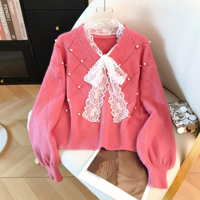 Lace bow show young tops long sleeve red sweater