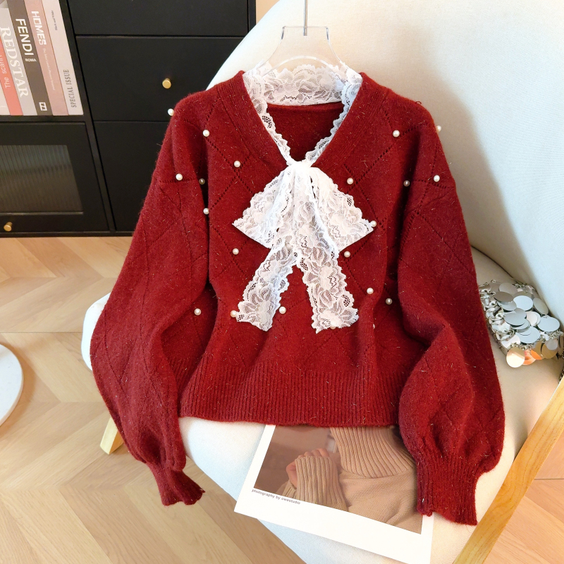 Lace bow show young tops long sleeve red sweater