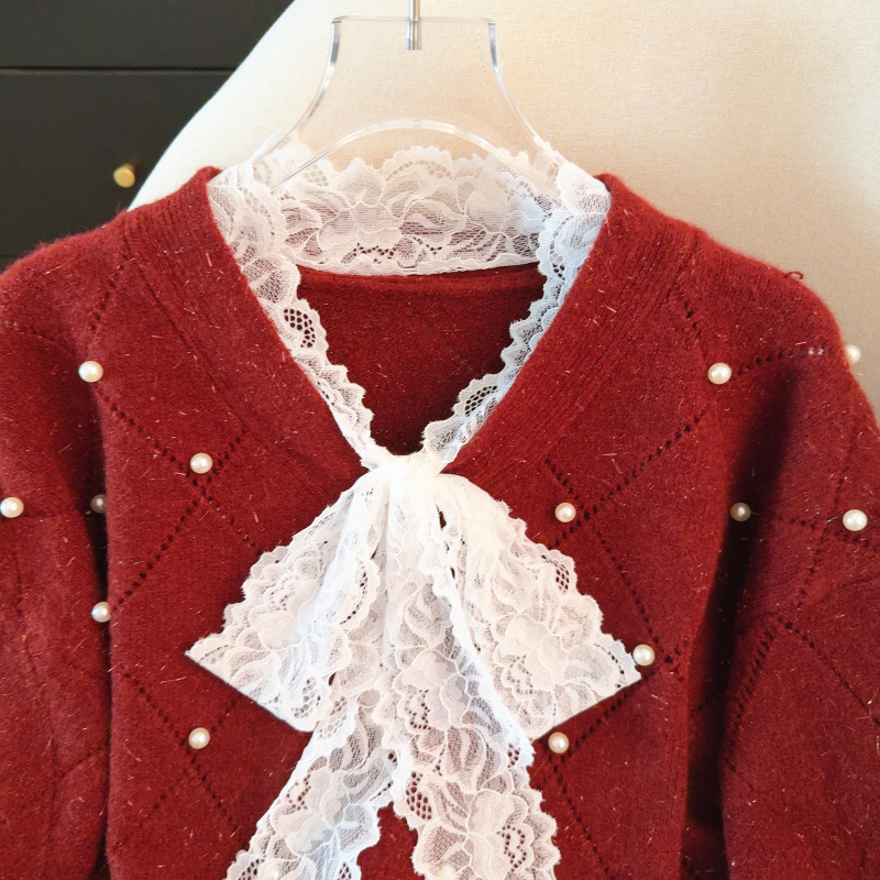 Lace bow show young tops long sleeve red sweater