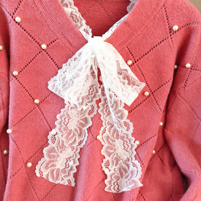 Lace bow show young tops long sleeve red sweater
