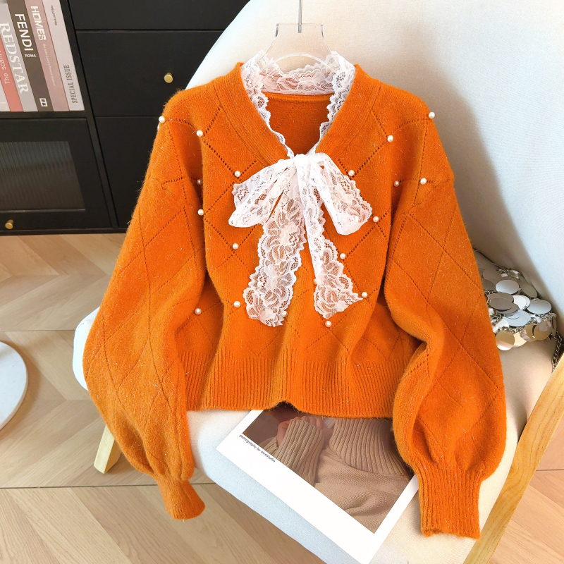 Lace bow show young tops long sleeve red sweater