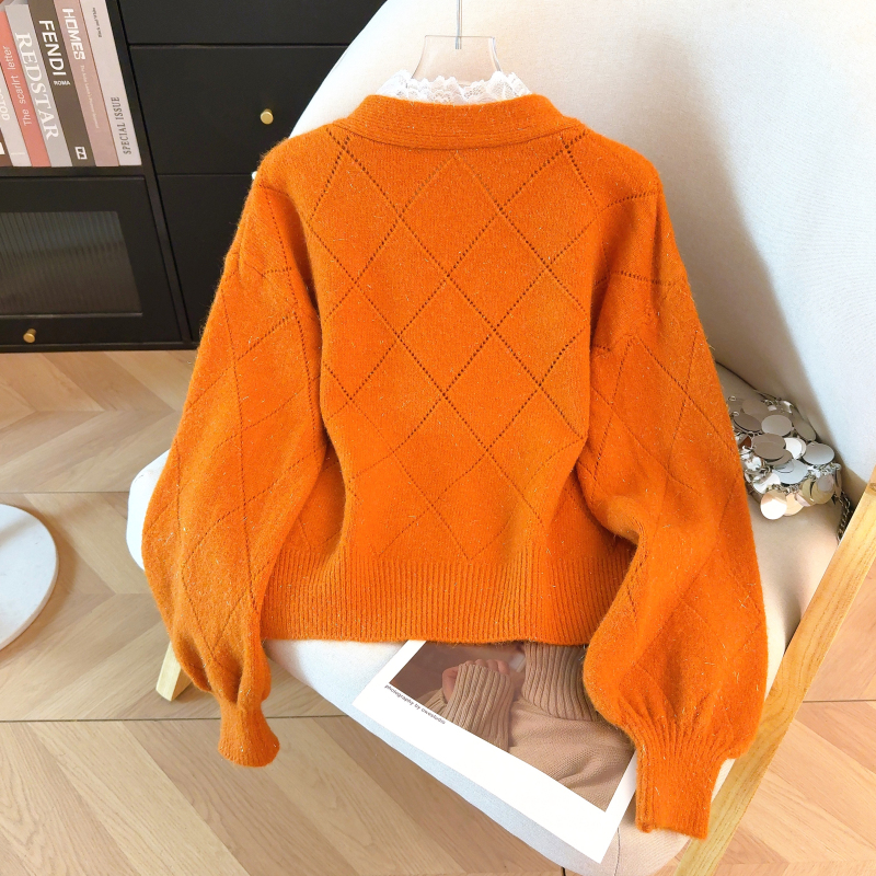 Lace bow show young tops long sleeve red sweater