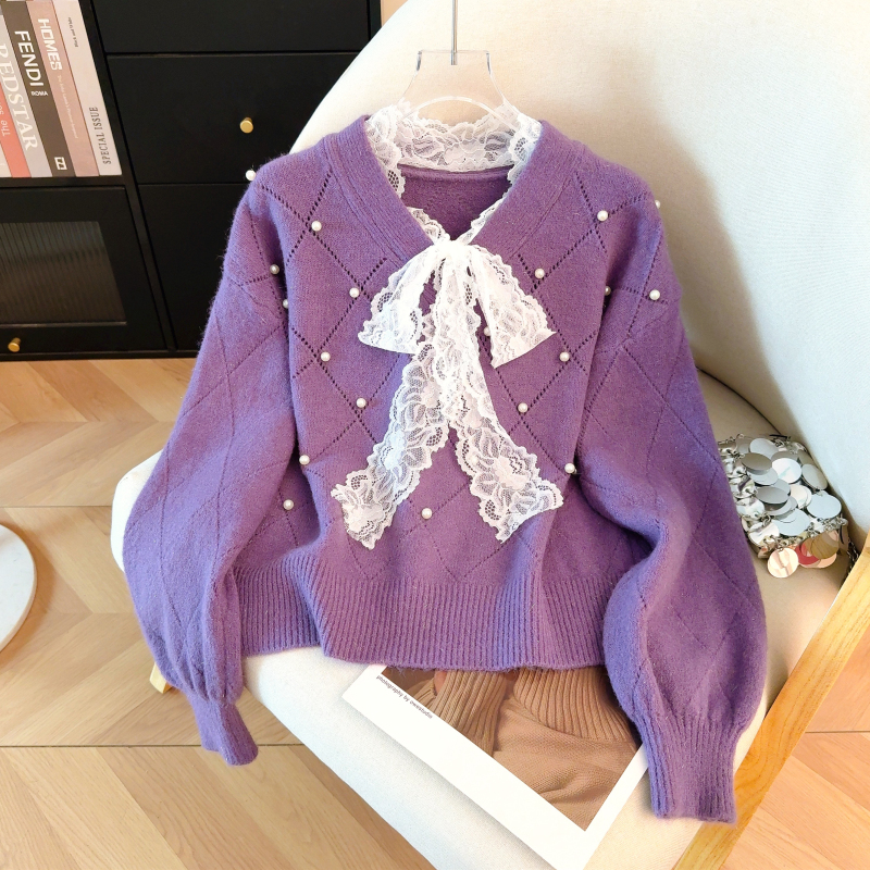 Lace bow show young tops long sleeve red sweater