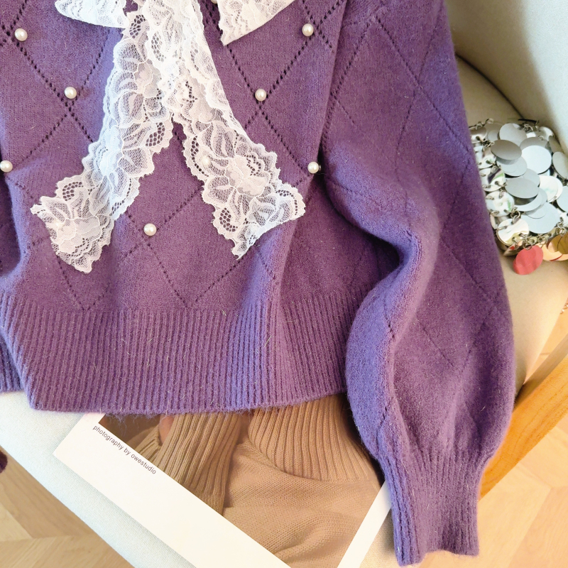 Lace bow show young tops long sleeve red sweater