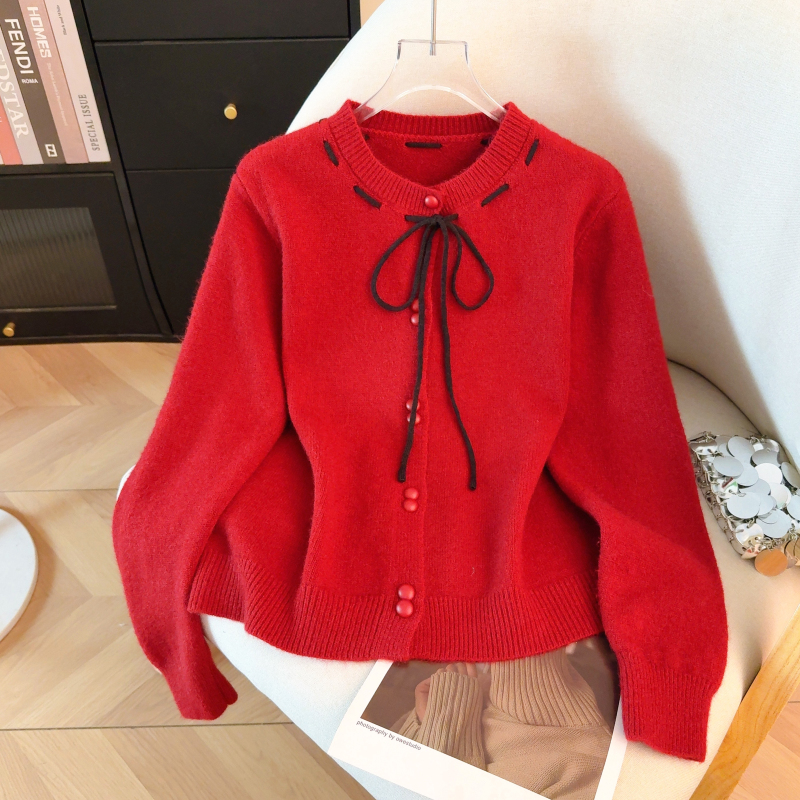 Knitted bow red tops bandage spring cardigan for women