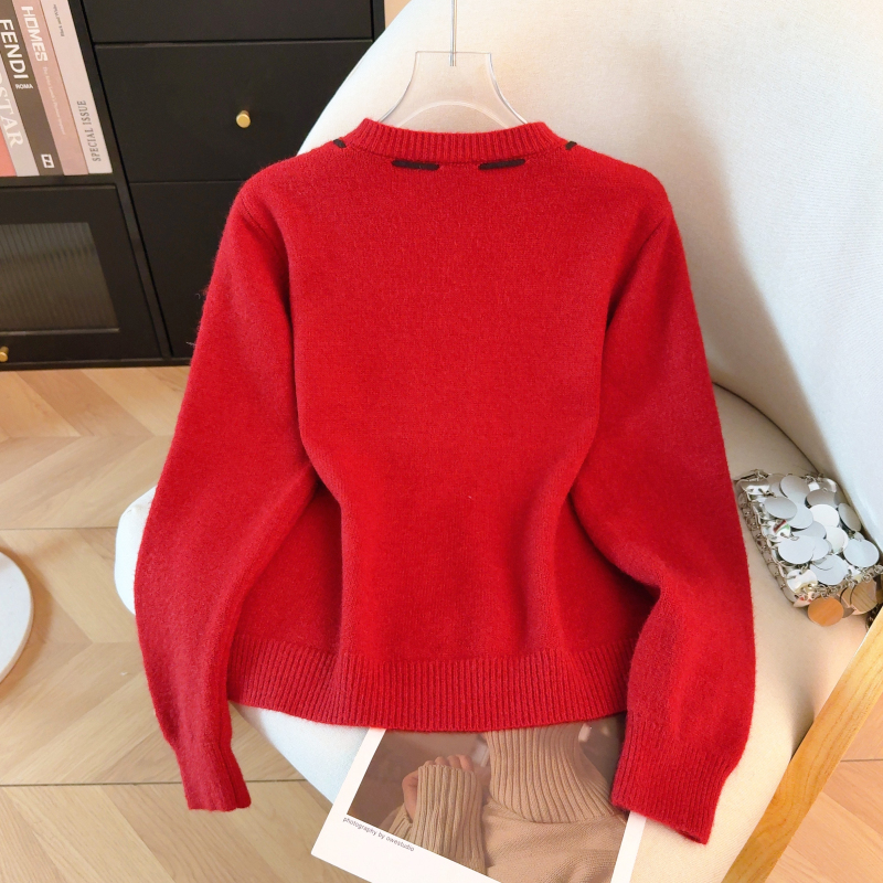 Knitted bow red tops bandage spring cardigan for women