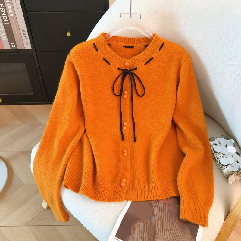 Knitted bow red tops bandage spring cardigan for women