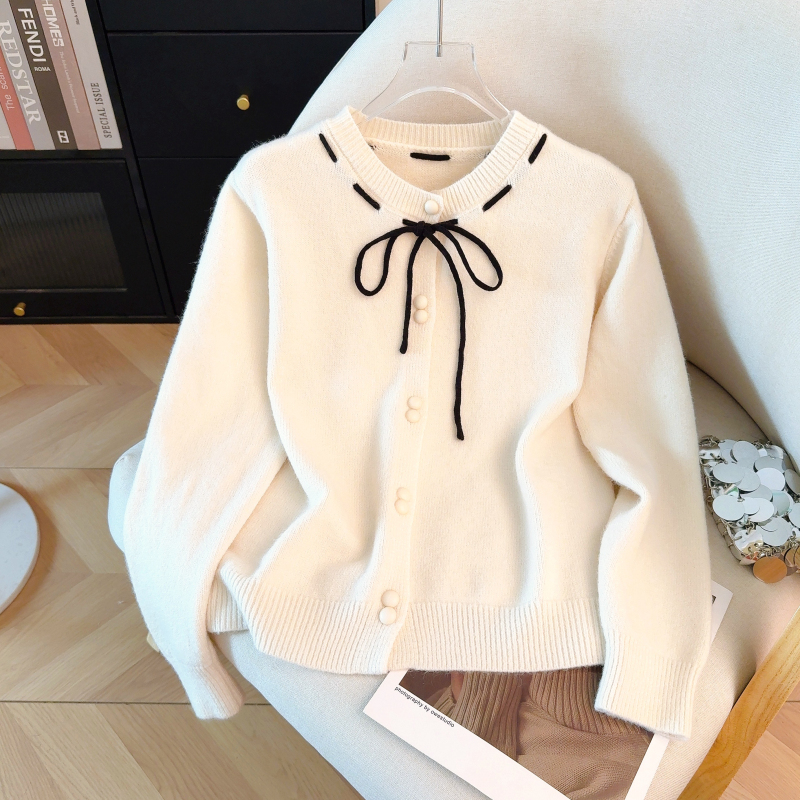 Knitted bow red tops bandage spring cardigan for women