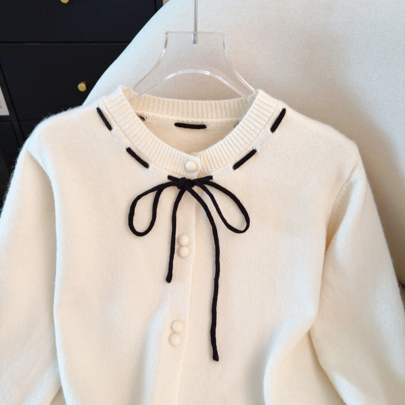 Knitted bow red tops bandage spring cardigan for women