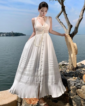 V-neck sleeveless lace vacation seaside dress for women