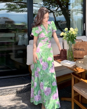 Printing Casual puff sleeve green V-neck dress for women