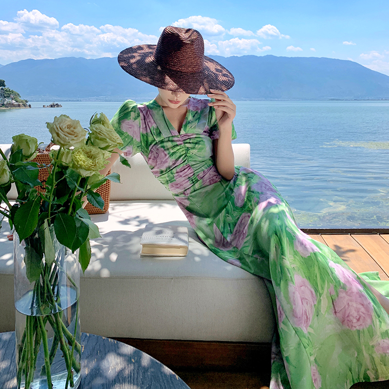 Printing Casual puff sleeve green V-neck dress for women