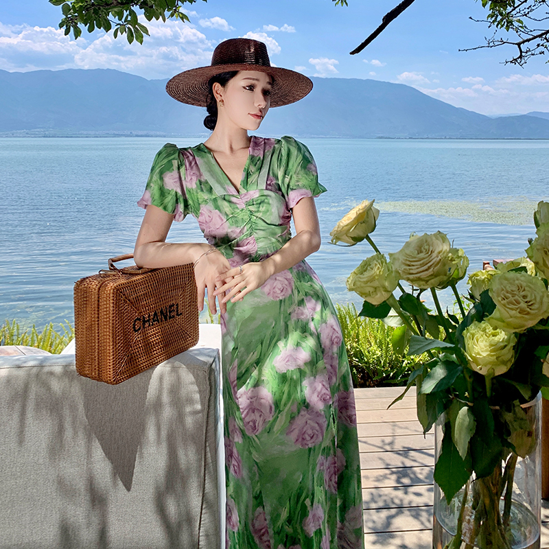 Printing Casual puff sleeve green V-neck dress for women