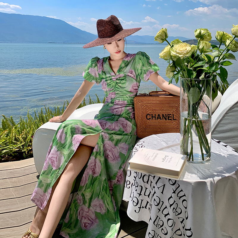 Printing Casual puff sleeve green V-neck dress for women