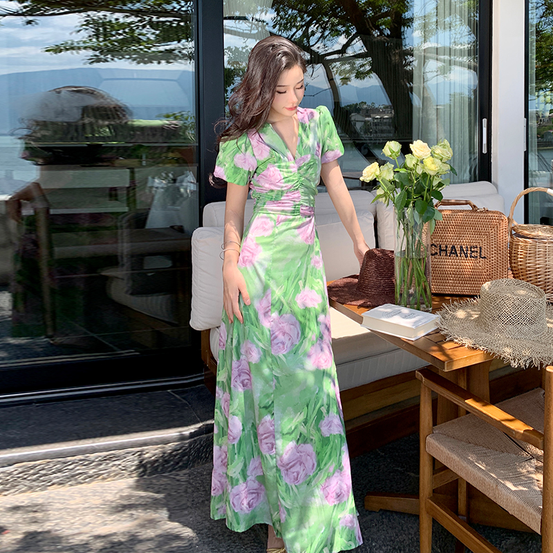 Printing Casual puff sleeve green V-neck dress for women