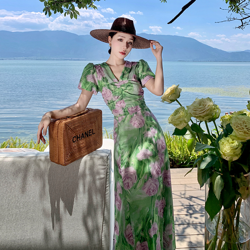 Printing Casual puff sleeve green V-neck dress for women