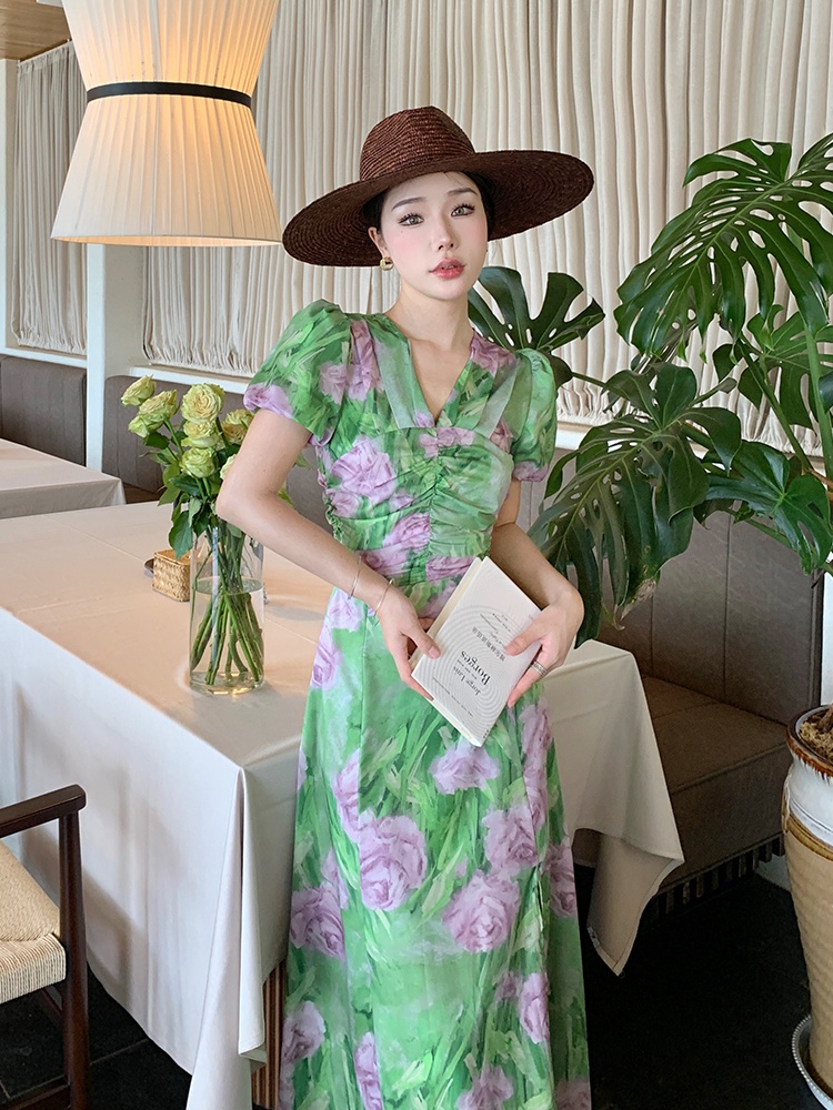 Printing Casual puff sleeve green V-neck dress for women