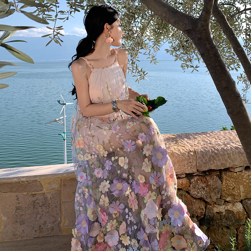 Stereoscopic floral sling vacation temperament dress