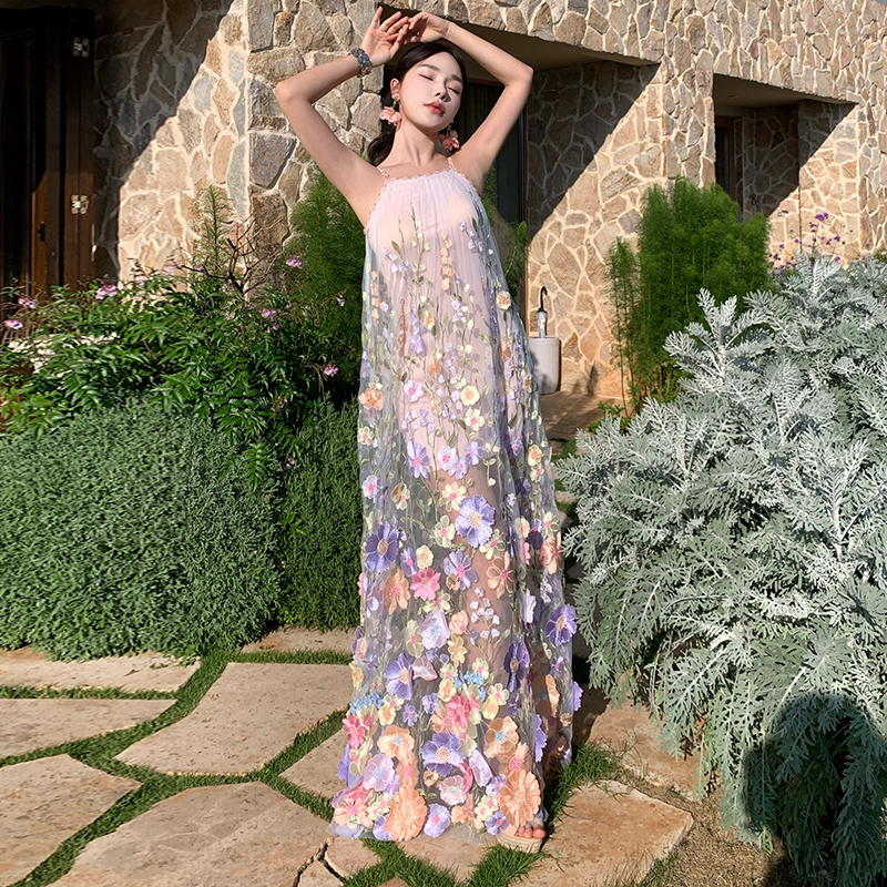 Stereoscopic floral sling vacation temperament dress